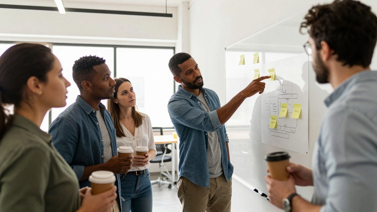 Adults collaborating and discussing ideas in a modern workshop setting