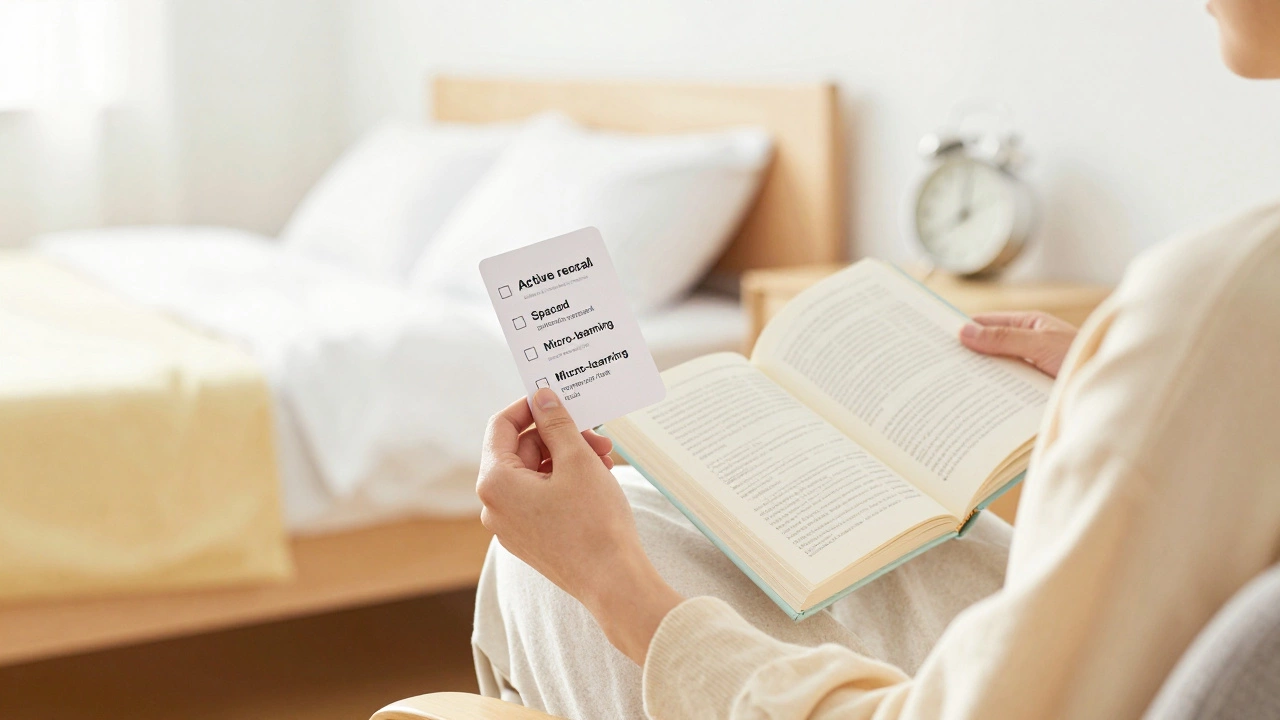 Calm learner using flashcards in morning light, symbolizing effective study habits