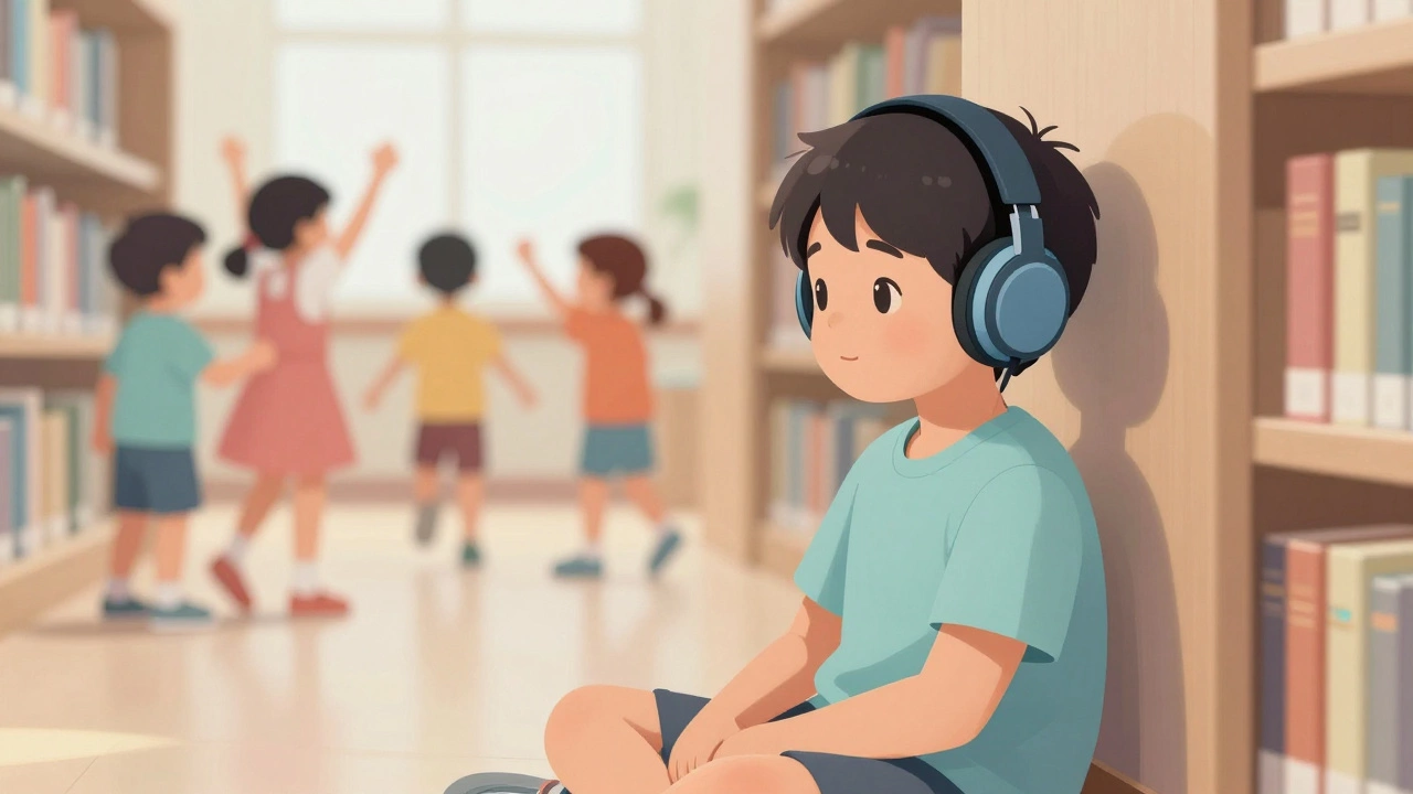 Child wearing noise-canceling headphones in a quiet library corner