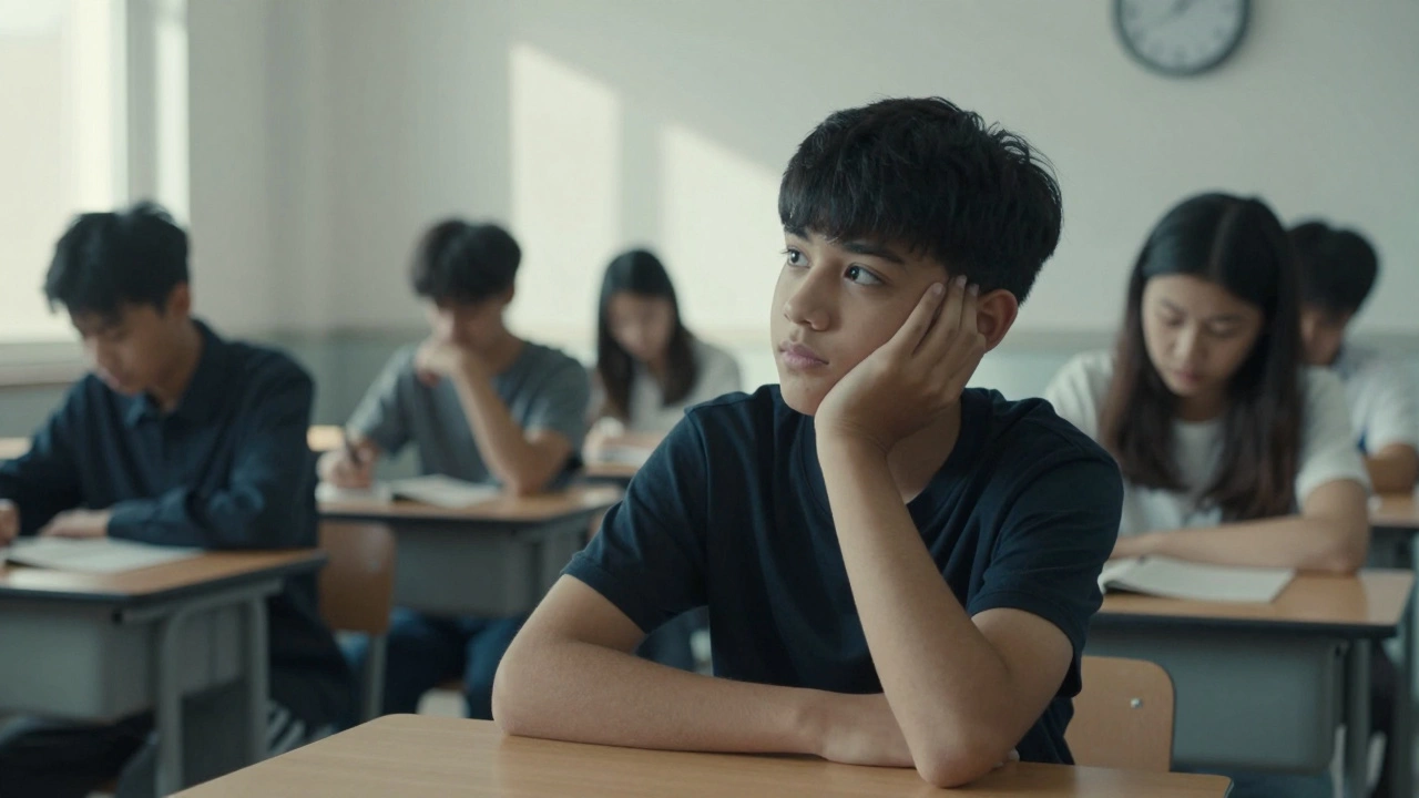 Distracted student looking away in a busy classroom setting