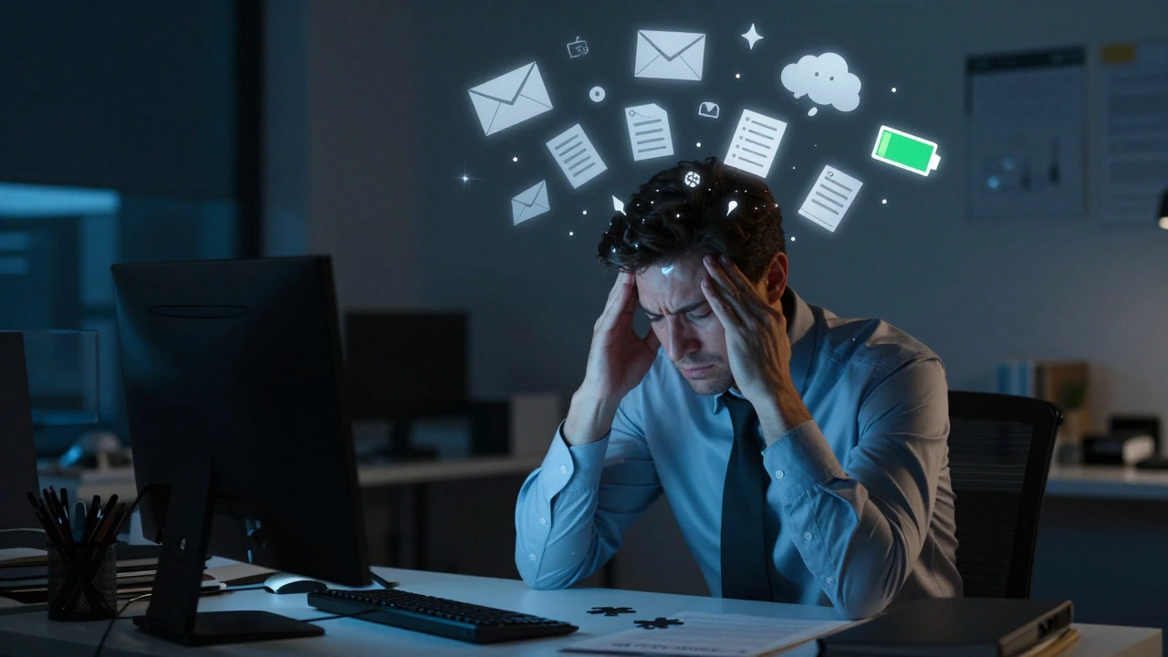 Exhausted worker surrounded by floating icons of stress and cognitive overload