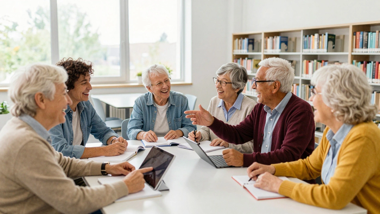 Group of older adults engaging in lively social learning and discussion in a library.