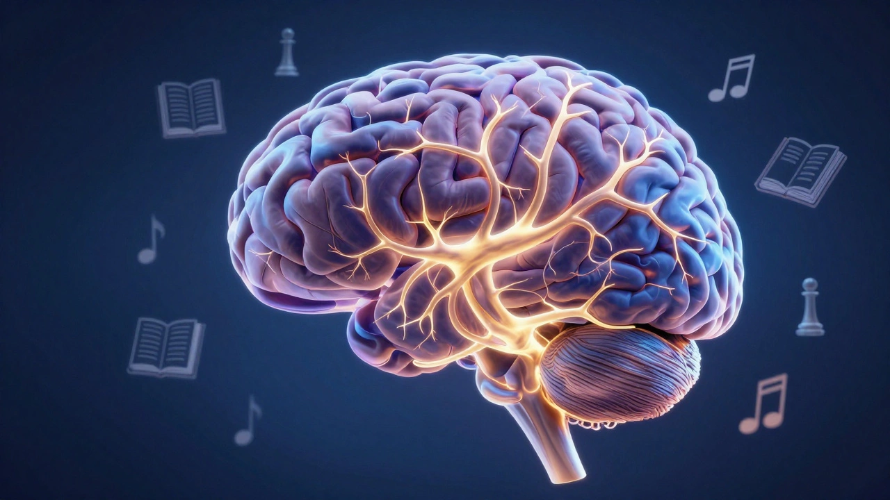 Illustration of an aging brain showing deep neural connections and crystallized intelligence.