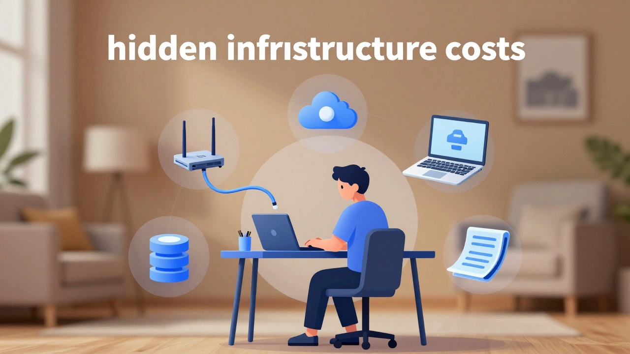 Illustration of student surrounded by icons of tech and internet expenses