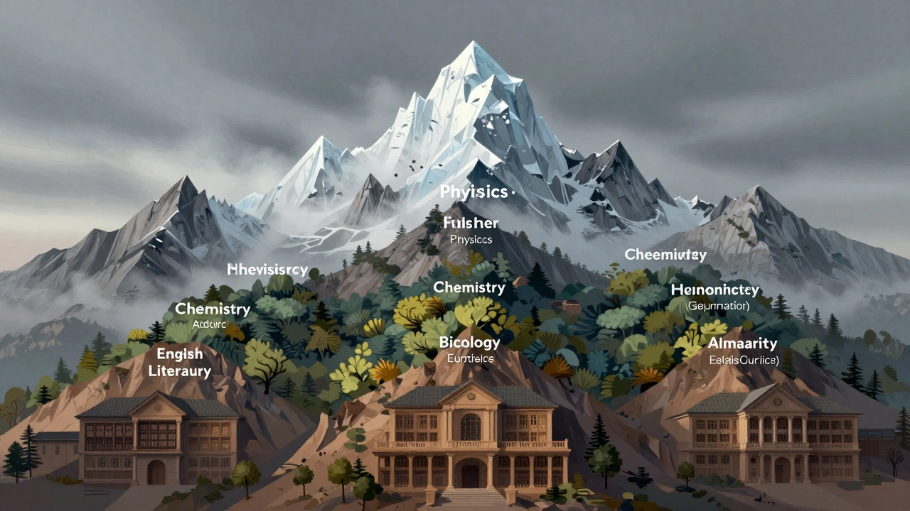Mountain metaphor showing A-Level subject difficulty tiers