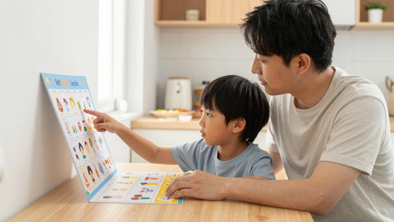 Parent and child reviewing a visual schedule for daily routine
