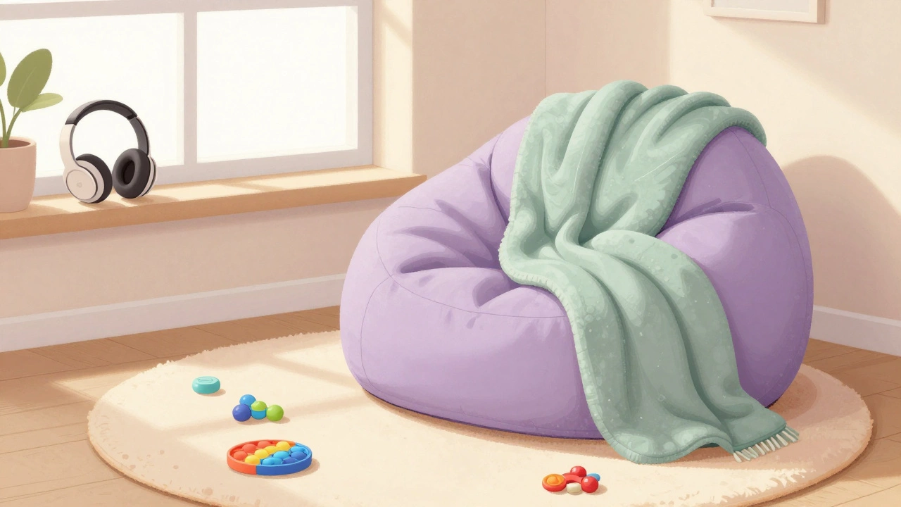 Peaceful calm-down corner with weighted blanket and fidget toys