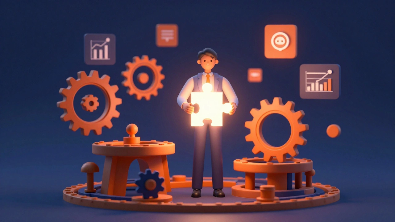 Professional fitting a puzzle piece into a complex mechanical structure