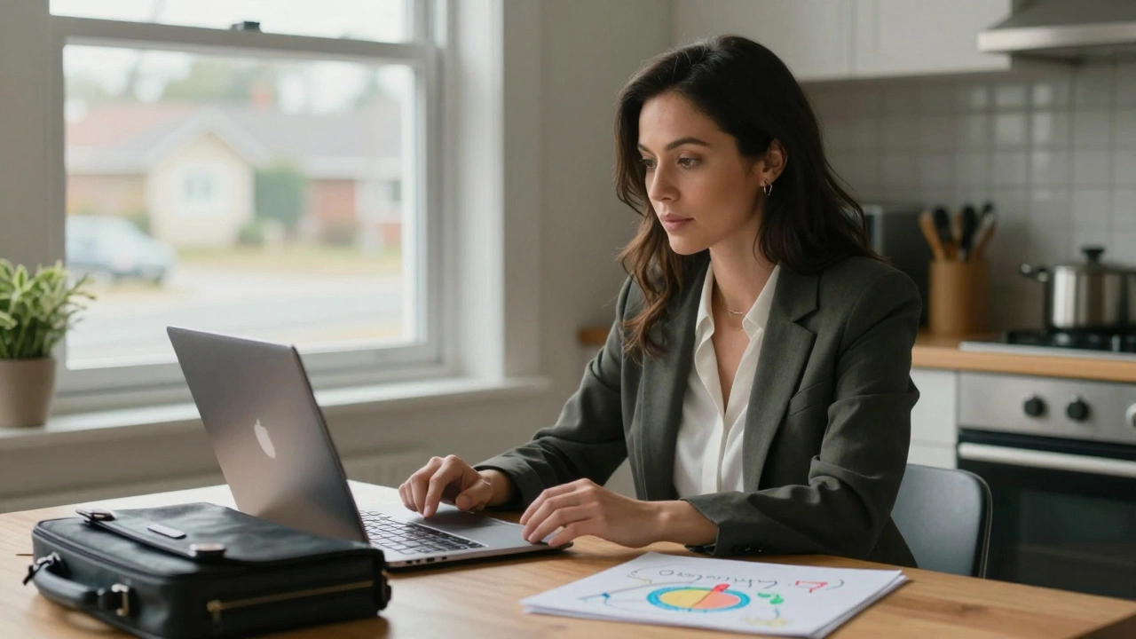 Professional woman studying online at home with laptop and briefcase