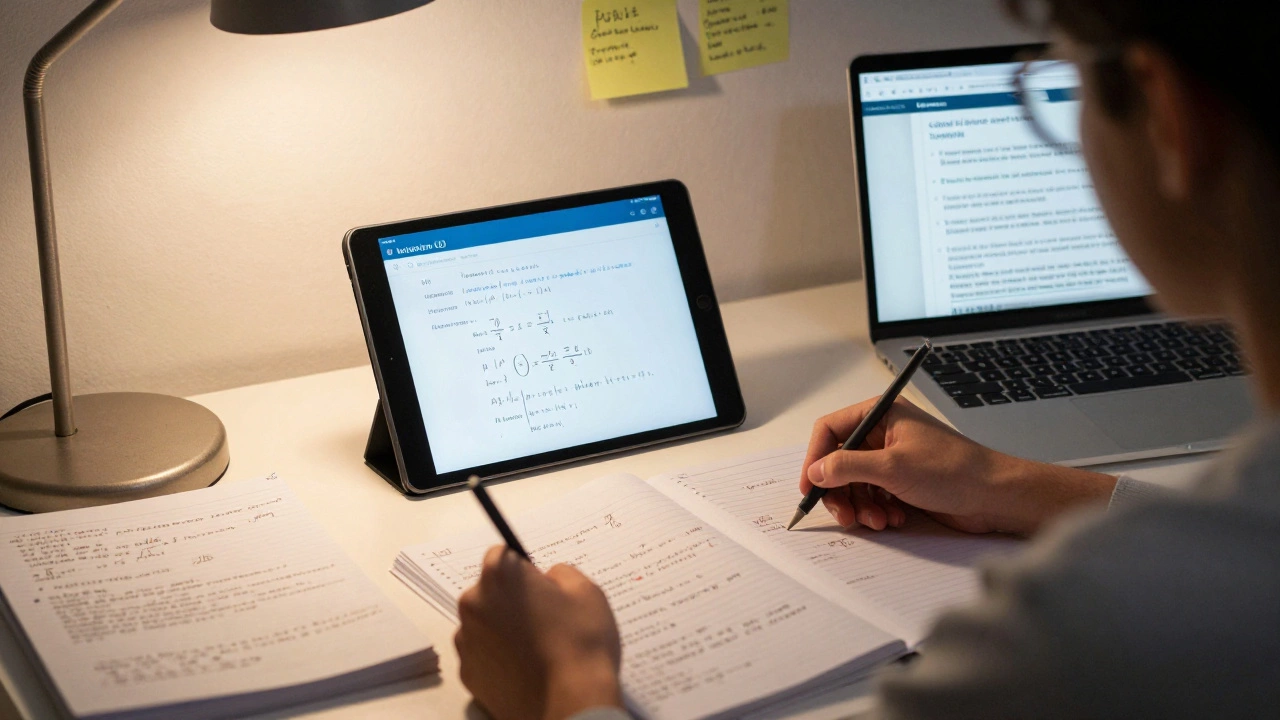 Student desk with tablets and books for mixed-method GCSE revision