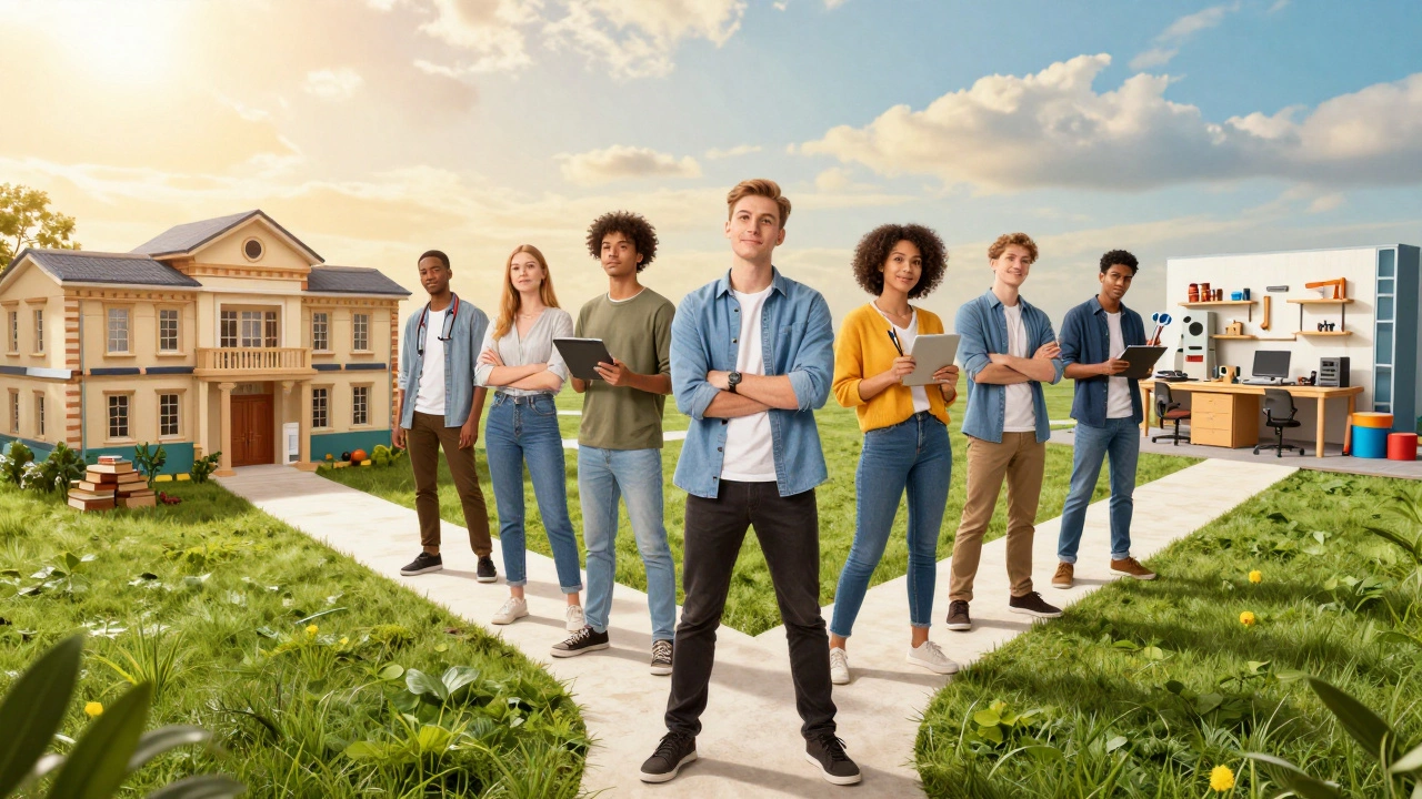Students choosing paths between academic, vocational, and creative careers