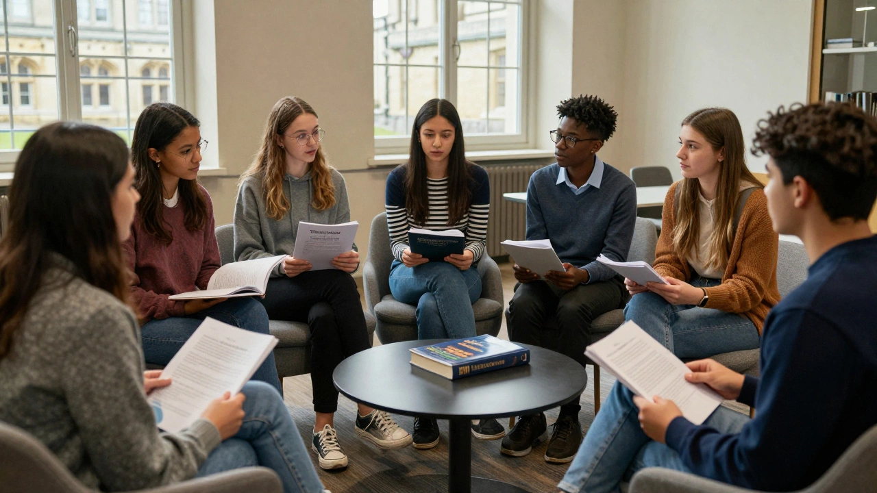 Students debating subject choices in a university setting