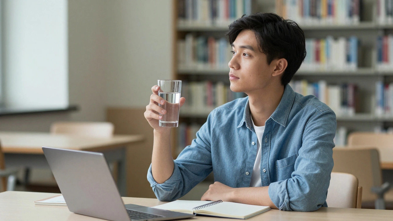 Calm student drinking water while studying for an exam
