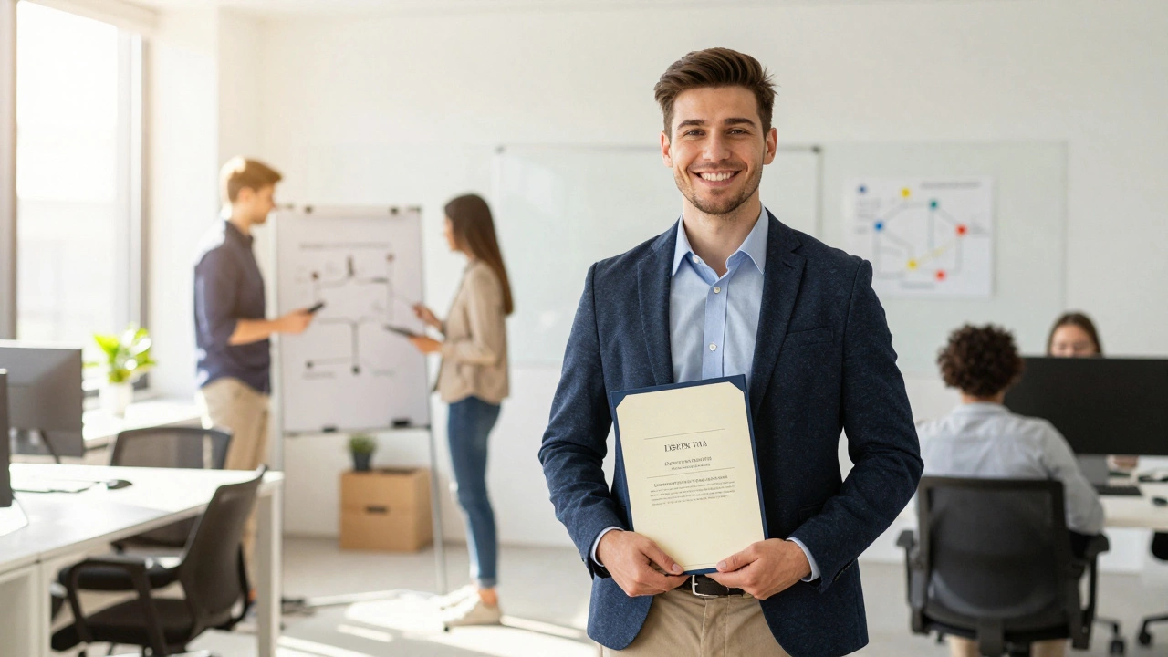 Confident professional holding certificate in a bright modern office environment