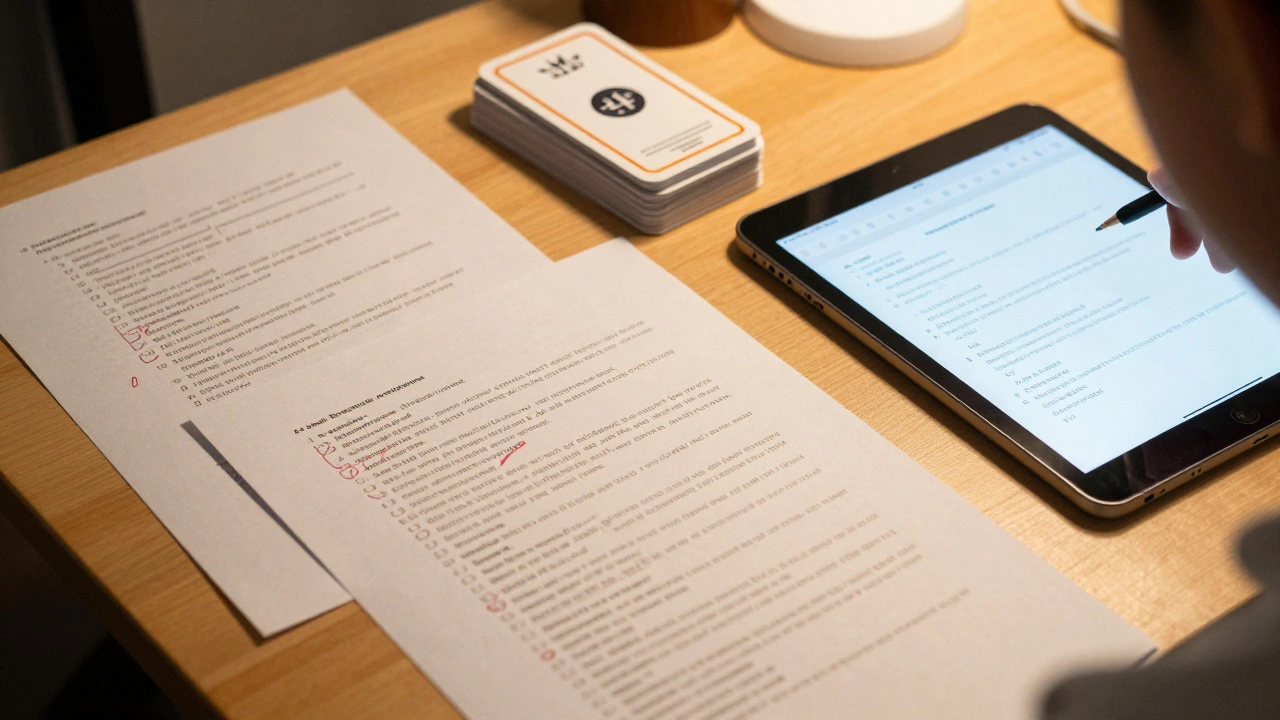Desk with marked exam papers and flashcards showing strategic study planning