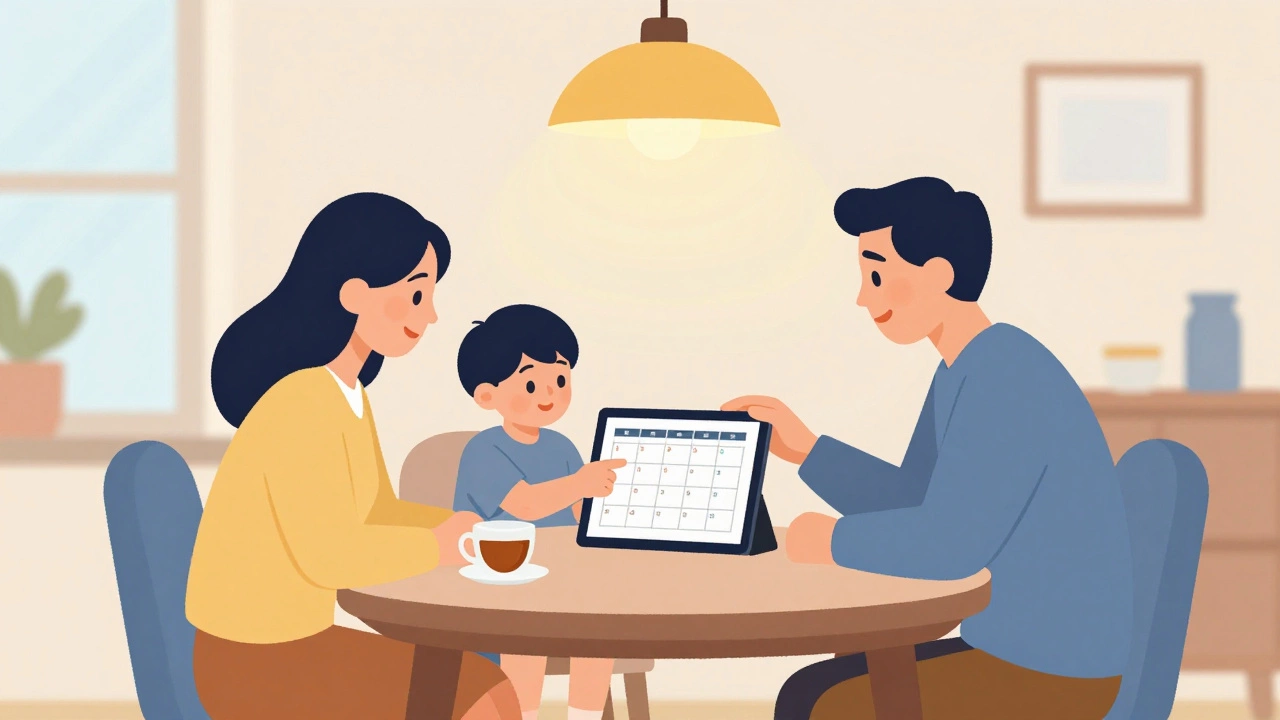Family planning a structured daily routine for online school at the dinner table.