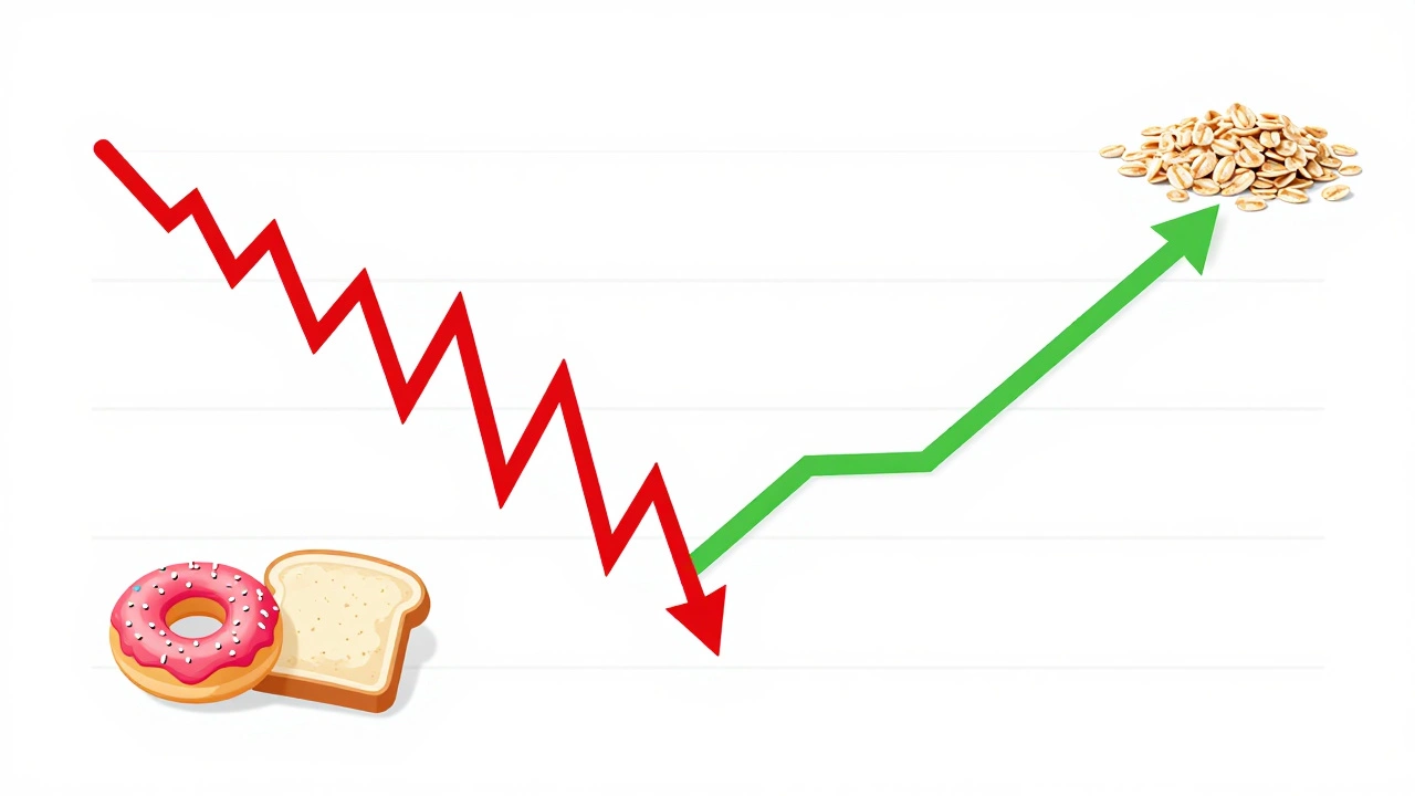 Graphic comparing steady energy from oats vs sugar crash