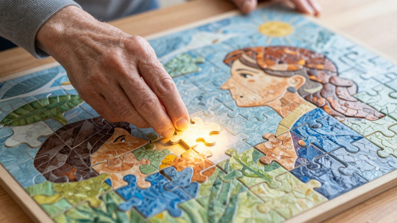 Hand adding a new tile to a mosaic representing accumulated knowledge