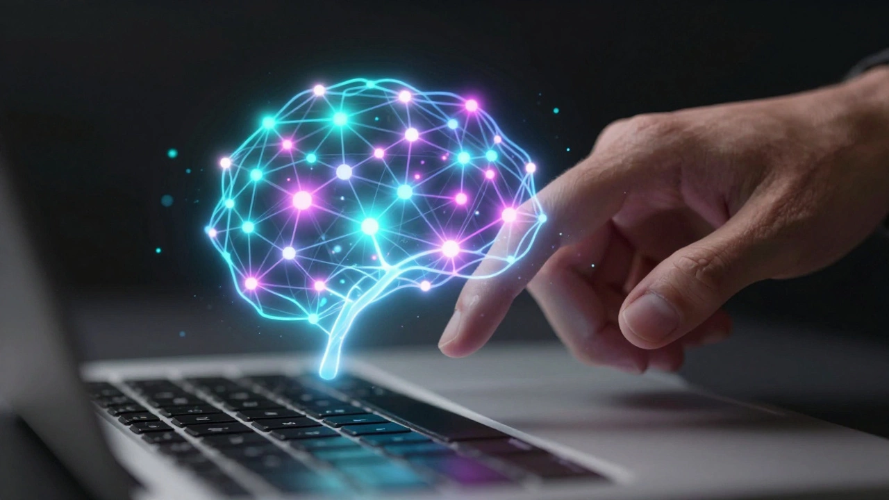 Hand interacting with glowing holographic neural network representing AI skills