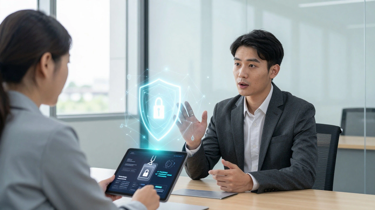 Hiring manager reviewing holographic tech skills badge