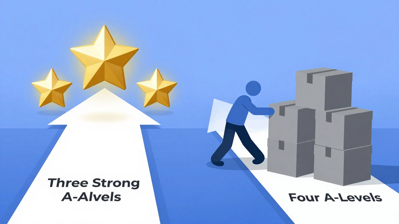 Illustration comparing focused three-subject path vs cluttered four-subject path