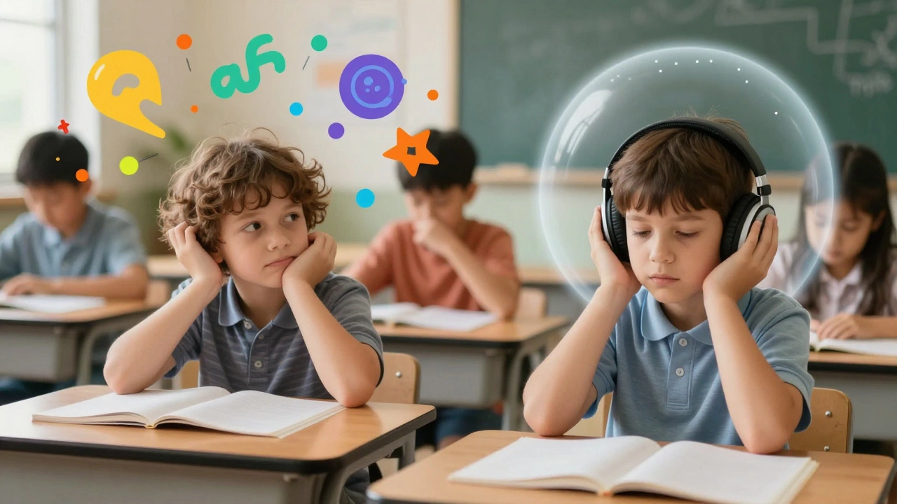 Split view of ADHD distraction and autistic sensory regulation in a classroom