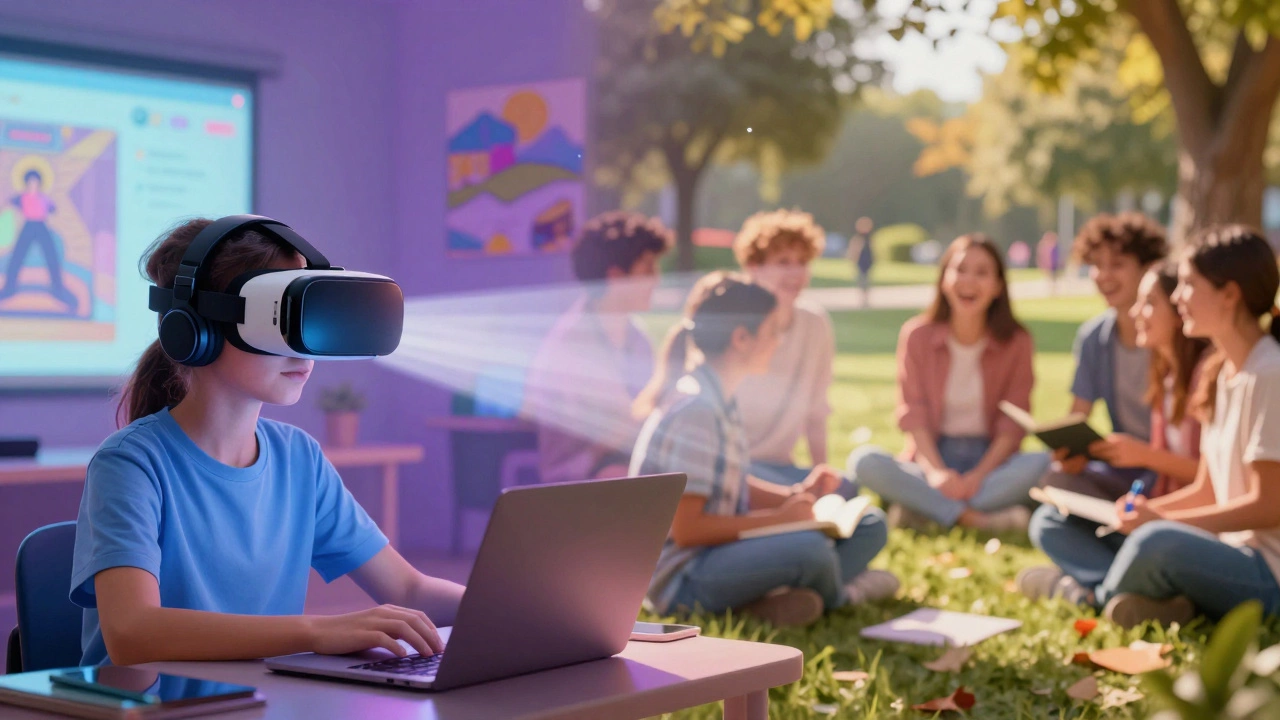 Student balancing VR learning with outdoor social activities with friends.