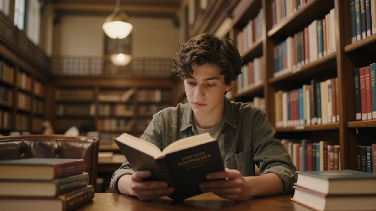 Student reading thoughtfully in a grand, warmly lit historic library