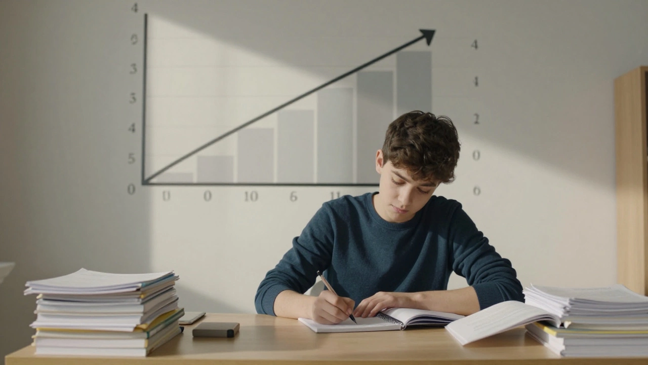 Student studying hard at a desk with past papers and grade charts on the wall