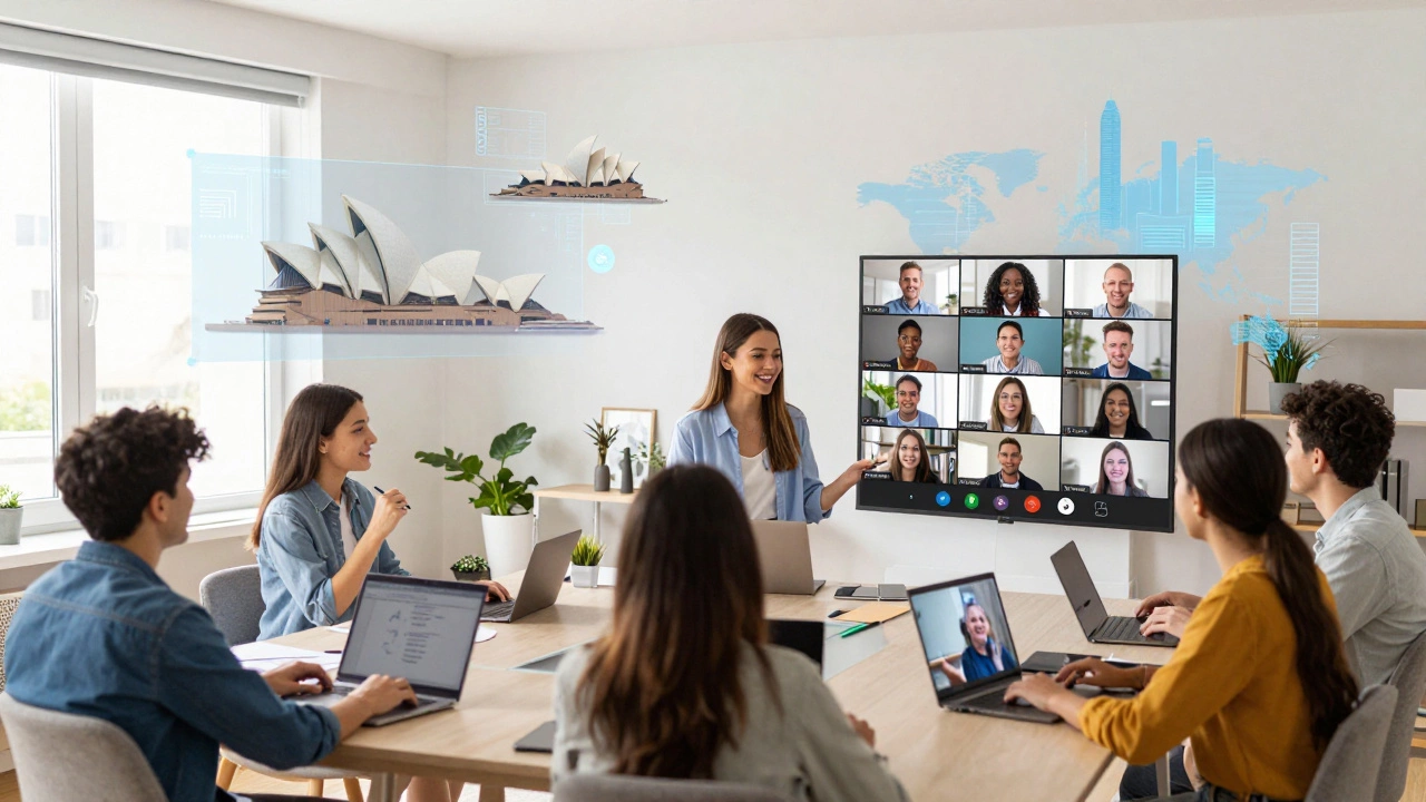 Students collaborating online with global virtual backgrounds