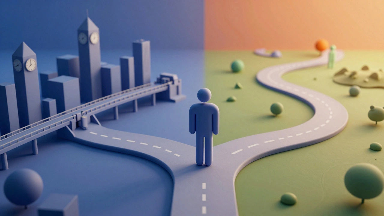 Abstract figure choosing between structured city and flexible landscape