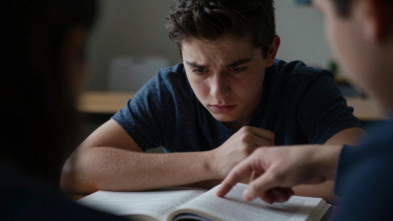Anxious student avoiding eye contact as tutor points aggressively