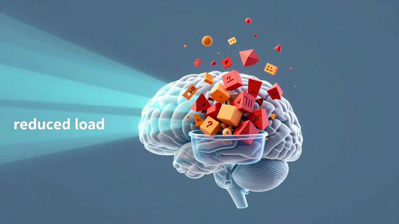 Brain illustration showing cognitive overload vs reduced mental load