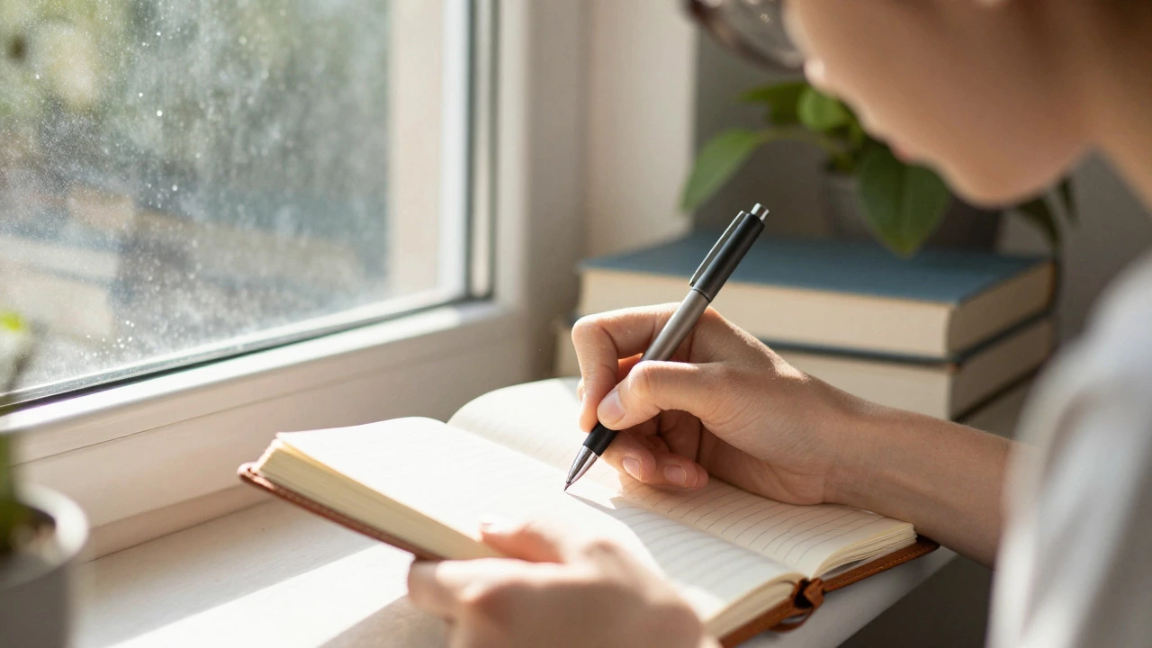 Close-up of hands writing in a journal, symbolizing personal reflection and resilience.