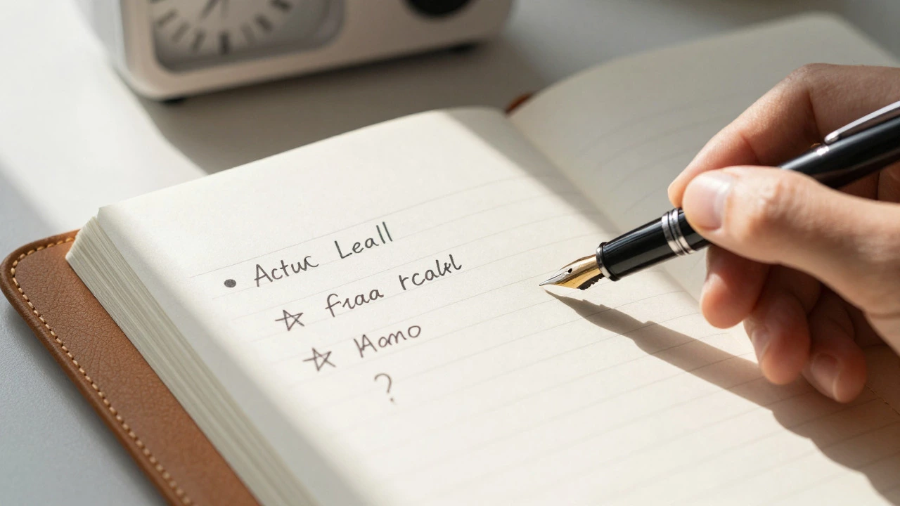 Hand writing 3-2-1 study notes in a notebook