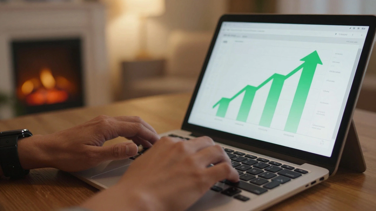Hands typing on keyboard with abstract success metrics nearby