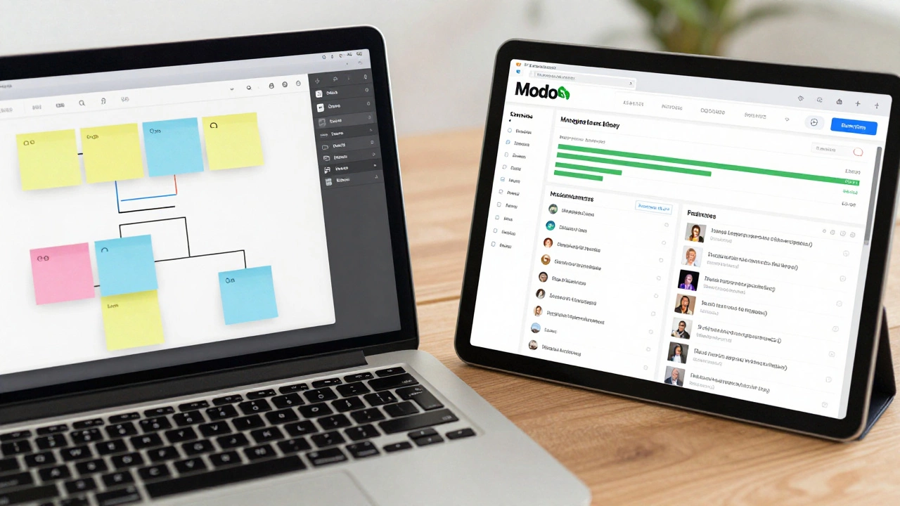 Laptop showing collaborative whiteboard next to tablet LMS dashboard
