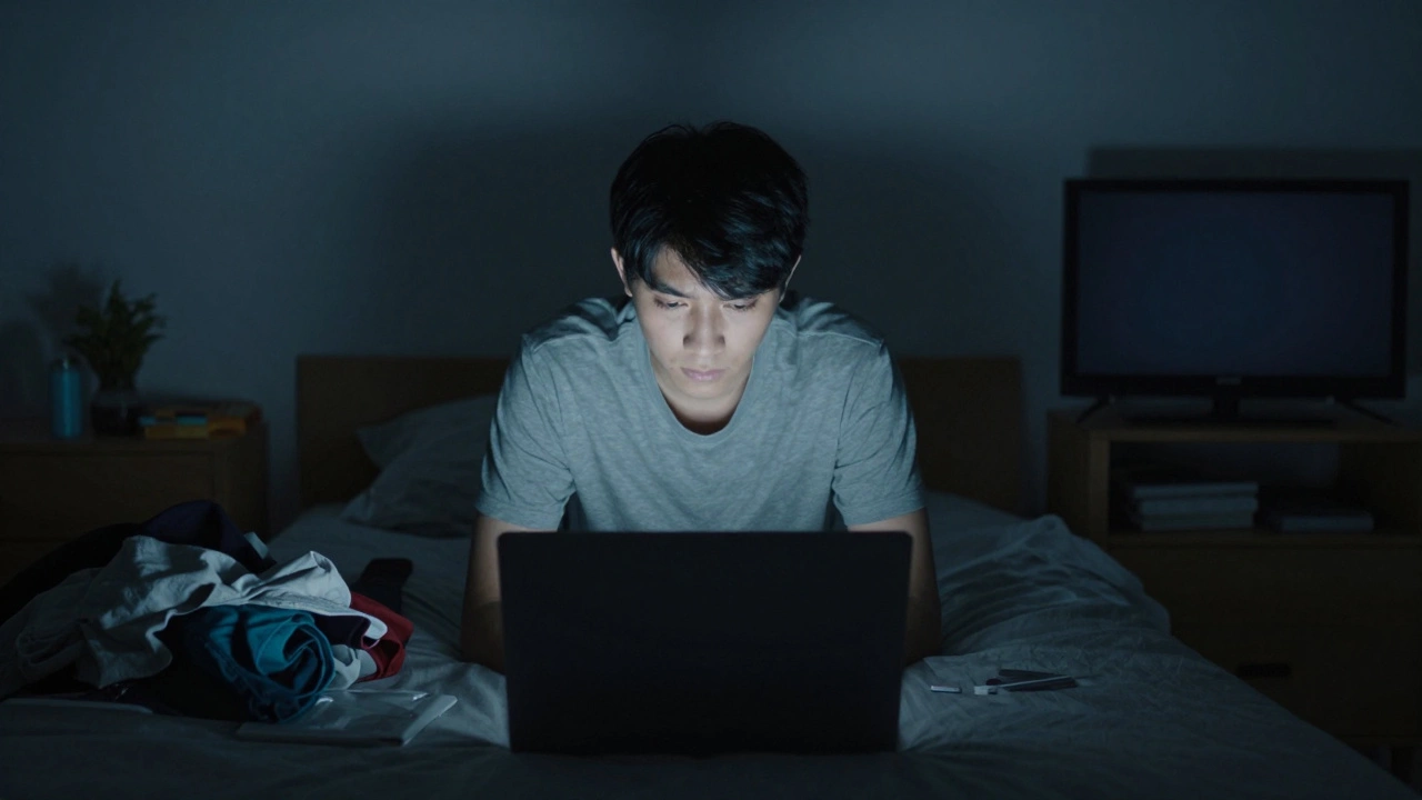Lonely student struggling with focus in dark room