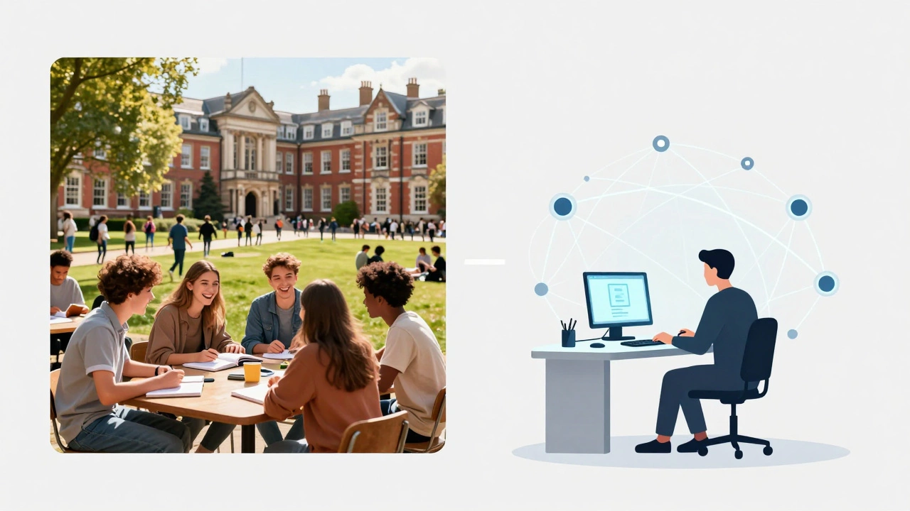 Split view comparing campus life vs online study