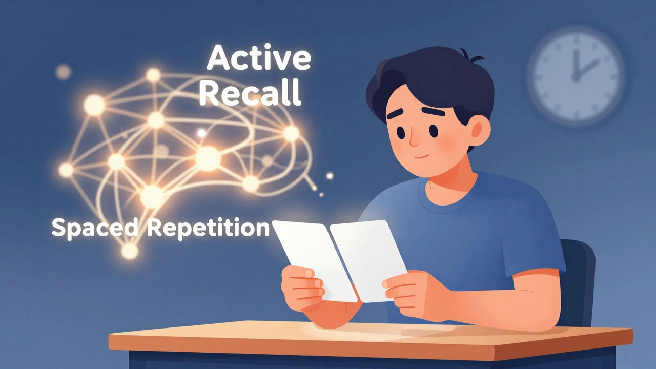Student using flashcards with glowing neural network graphics
