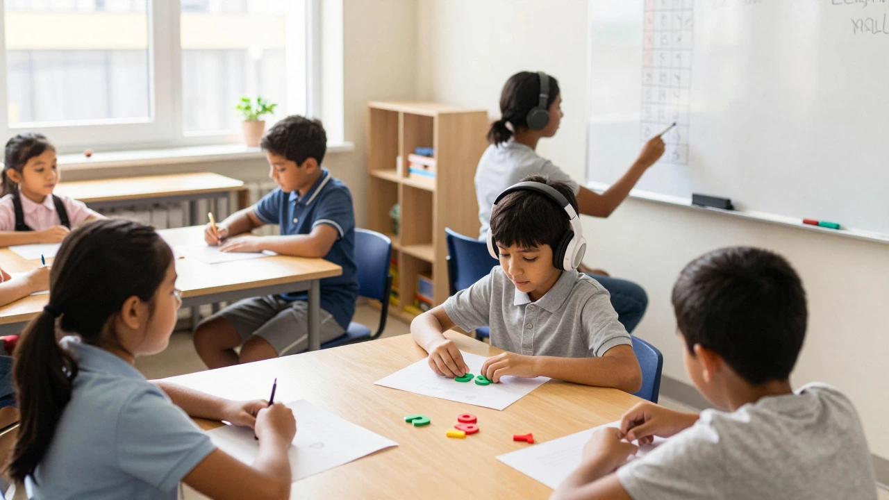 Students in a classroom using tactile blocks and noise-canceling headphones for support.