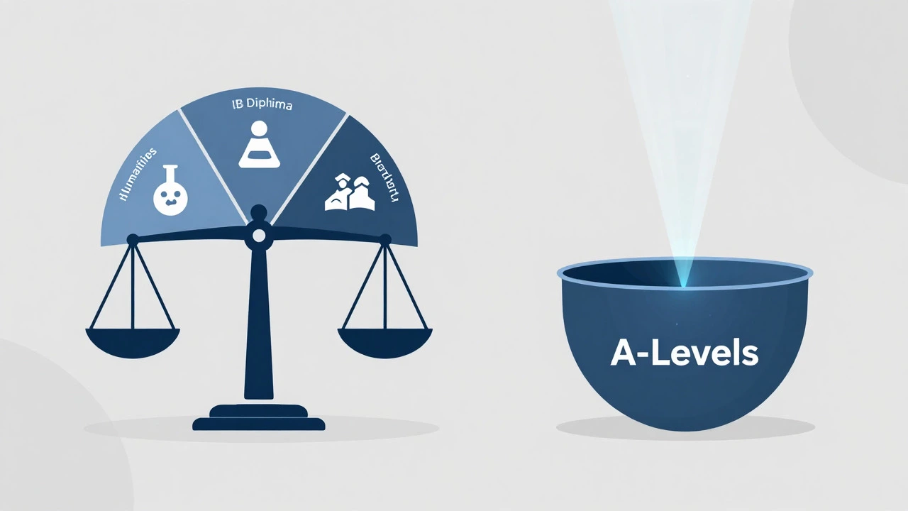 Visual metaphor comparing IB breadth and A-Level depth in education
