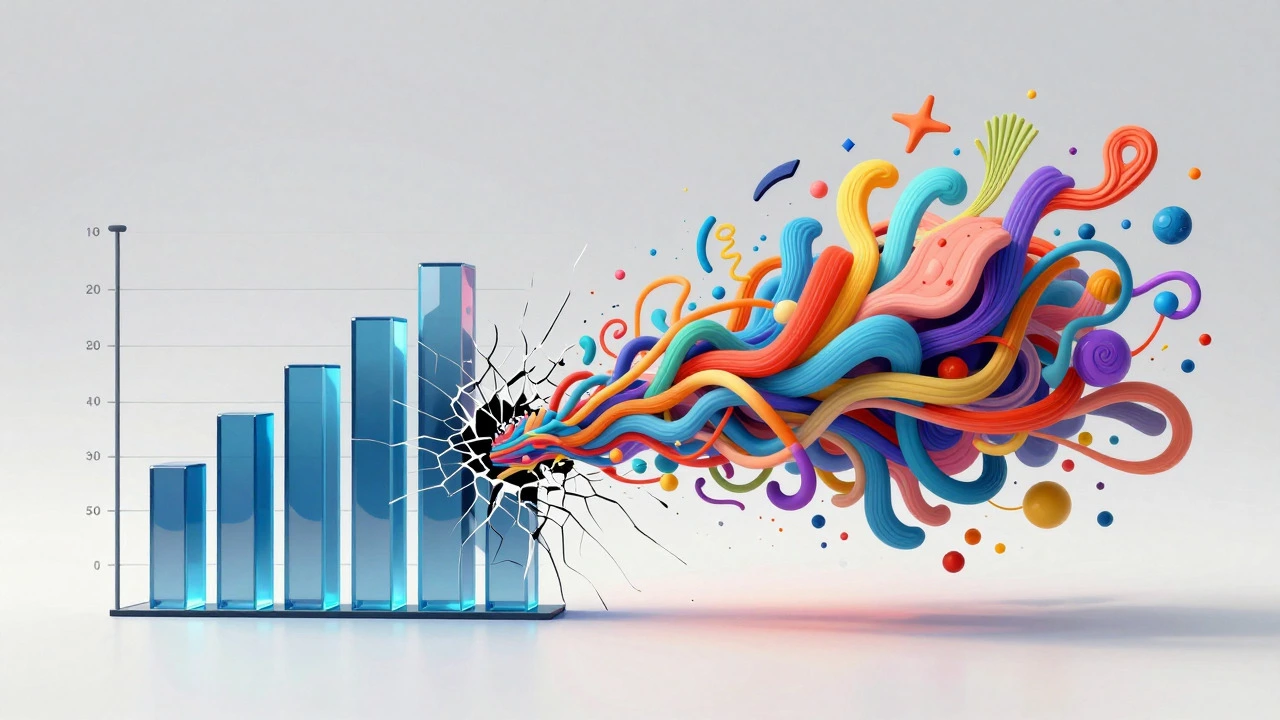 Conceptual art showing a rigid glass structure transforming into colorful organic shapes