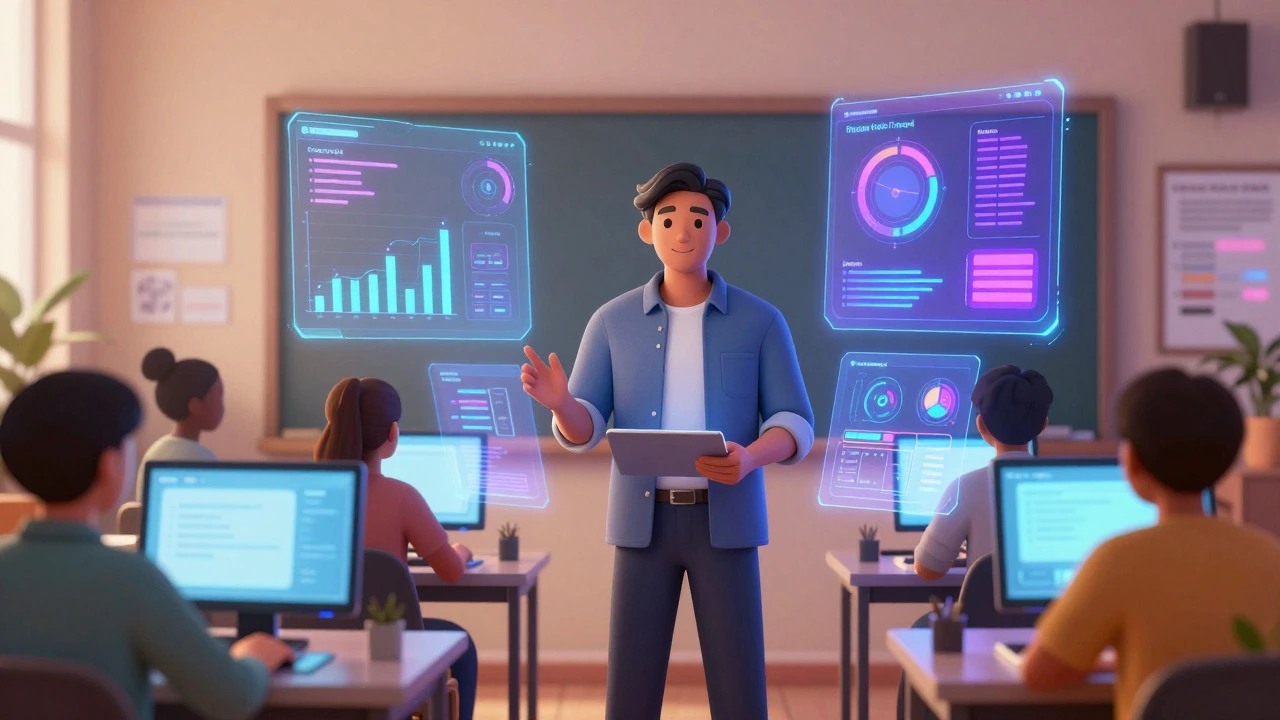 Educator using digital tools and data in a modern classroom setting