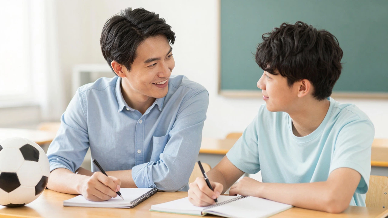Friendly tutor building rapport with a student over casual conversation at a table