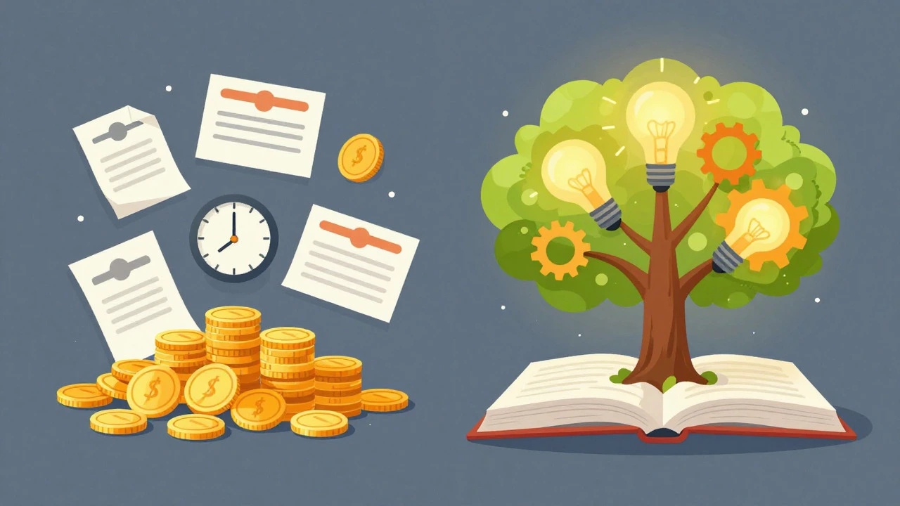 Illustration contrasting cold external rewards with a glowing tree of intrinsic growth