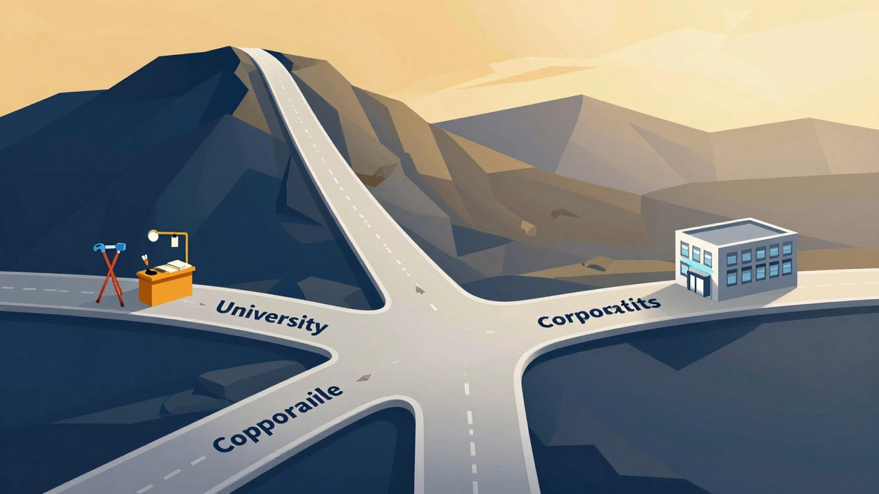 Illustration of a crossroads leading to university, workshops, and offices