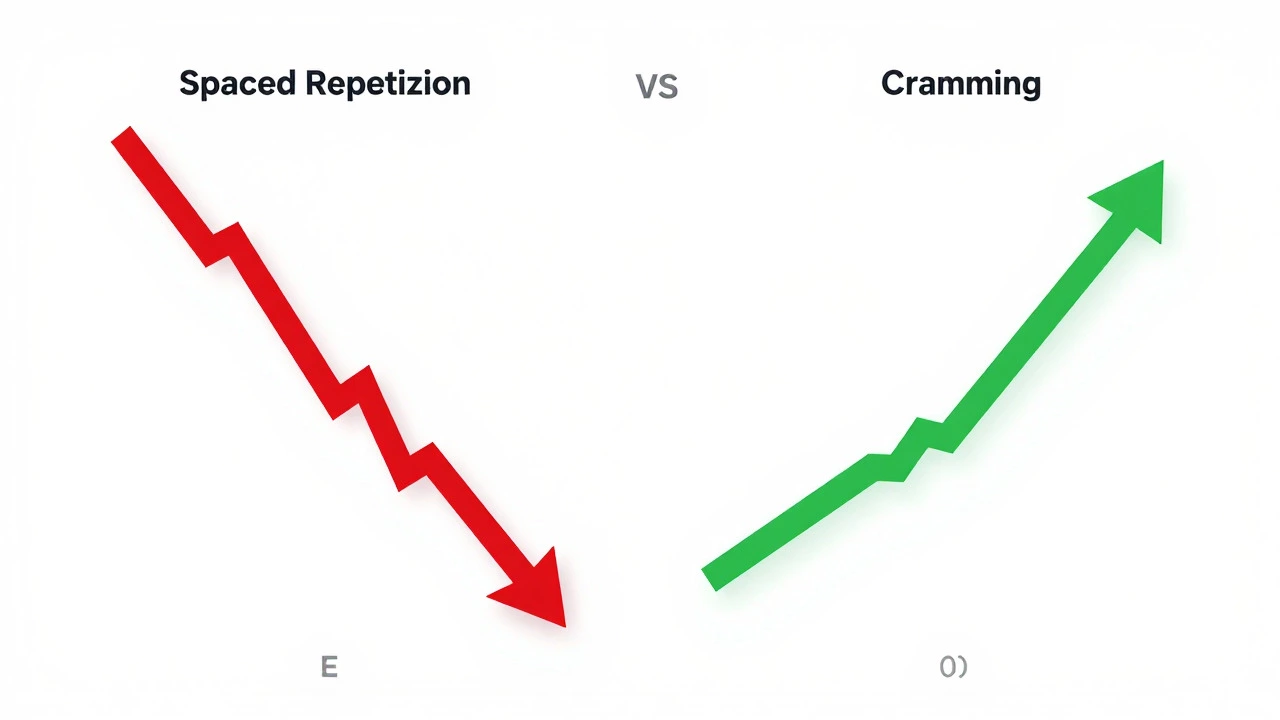 Illustration showing spaced repetition vs cramming effectiveness