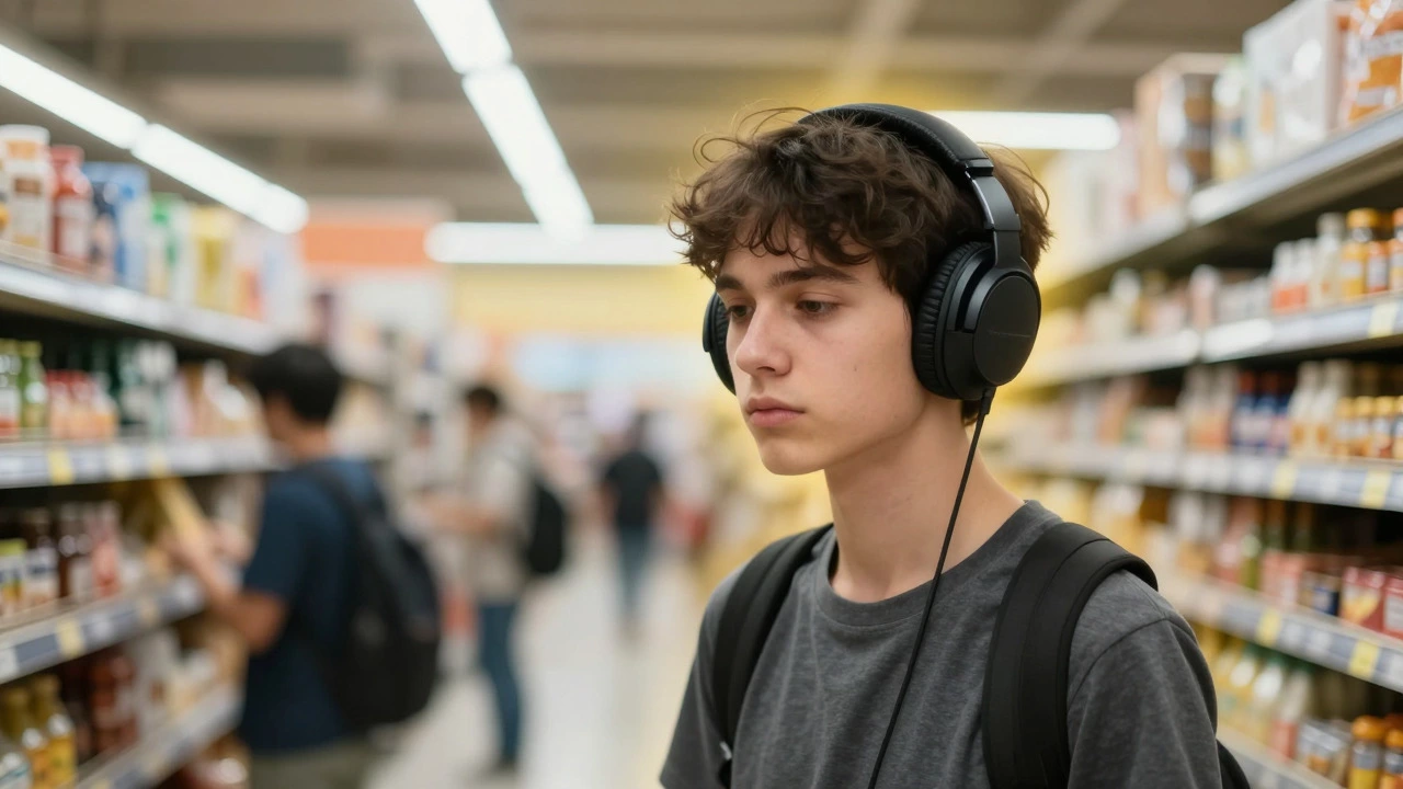 Person with noise-canceling headphones in a bright, blurry supermarket