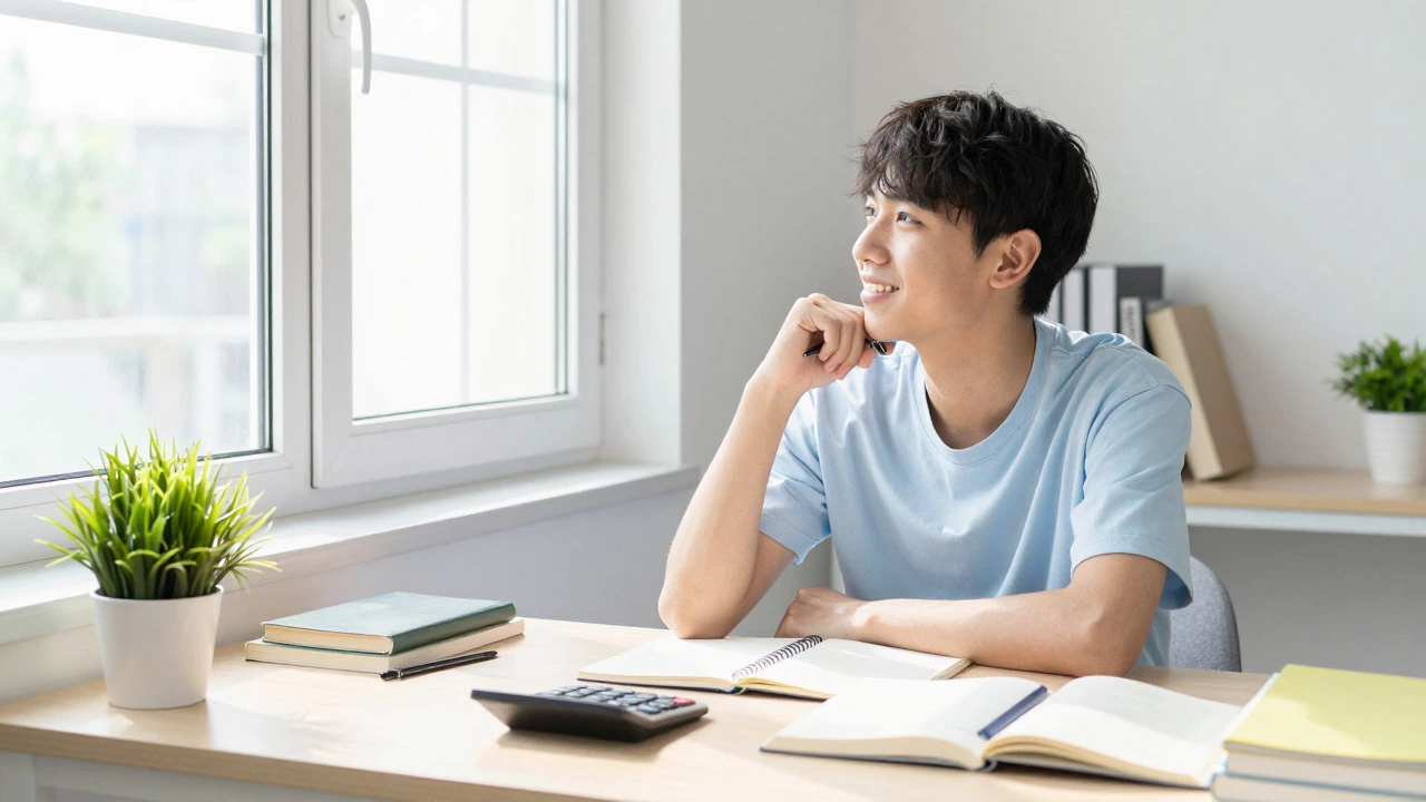 Smiling student studying at a sunlit desk with notebooks and a plant